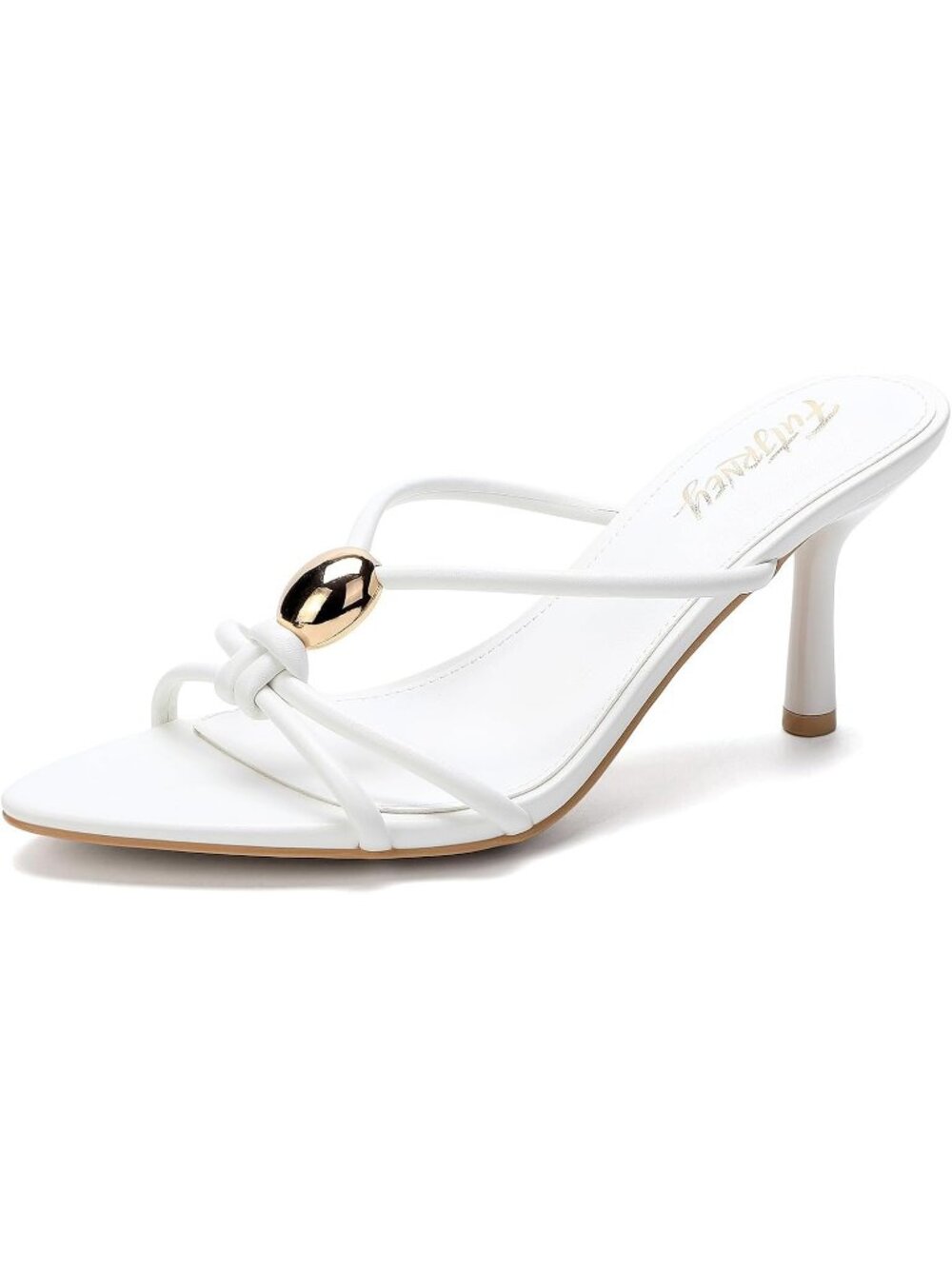 Women's White Pointed Peep Toe Kitten Mule Heel Metal Button Slip On Sandals